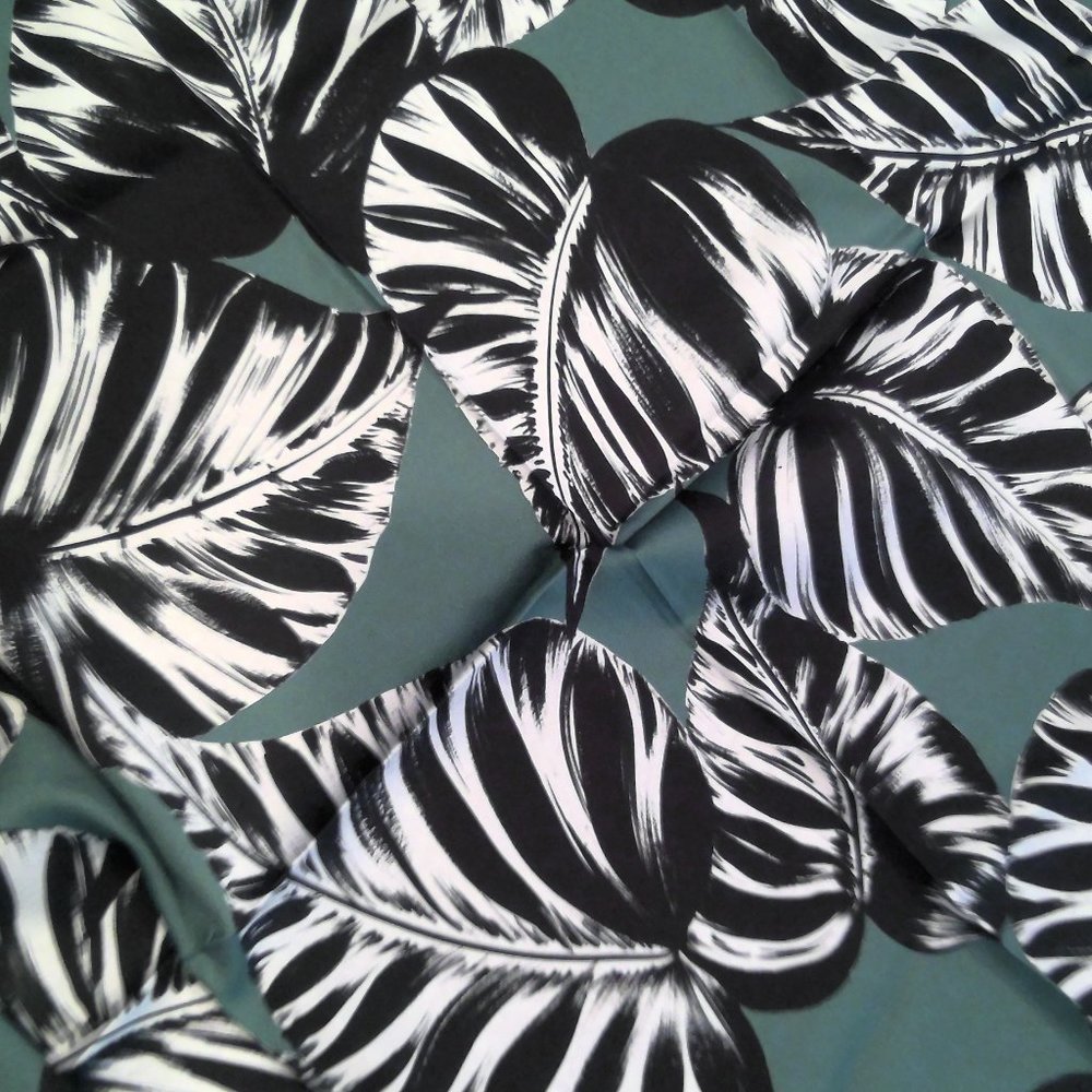 Silky Twill Square Scarf Black White and Green Leaves Face mask